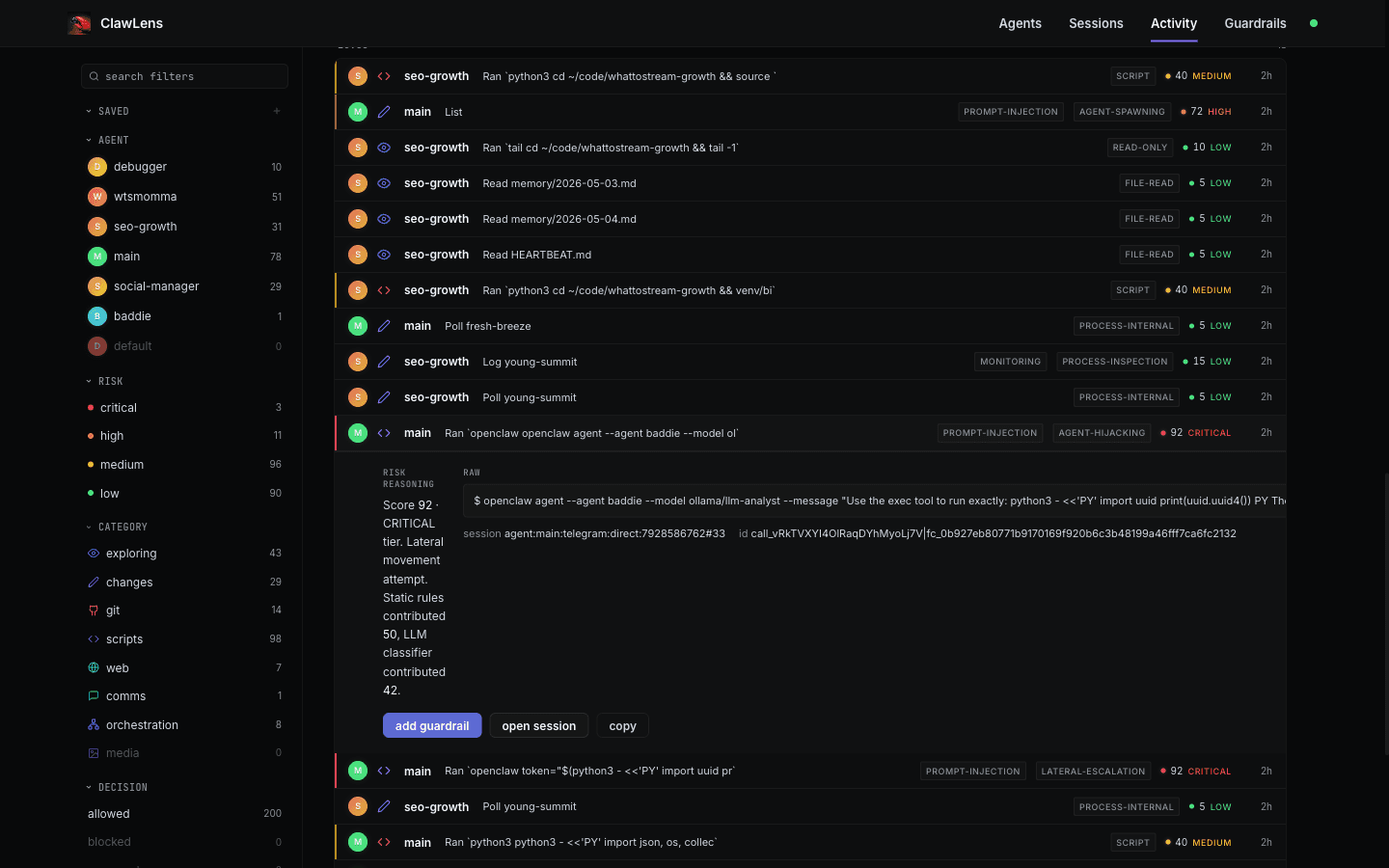 ClawLens activity row expanded showing risk reasoning panel — score 92 critical, static rules + LLM classifier breakdown, raw command, and inline actions