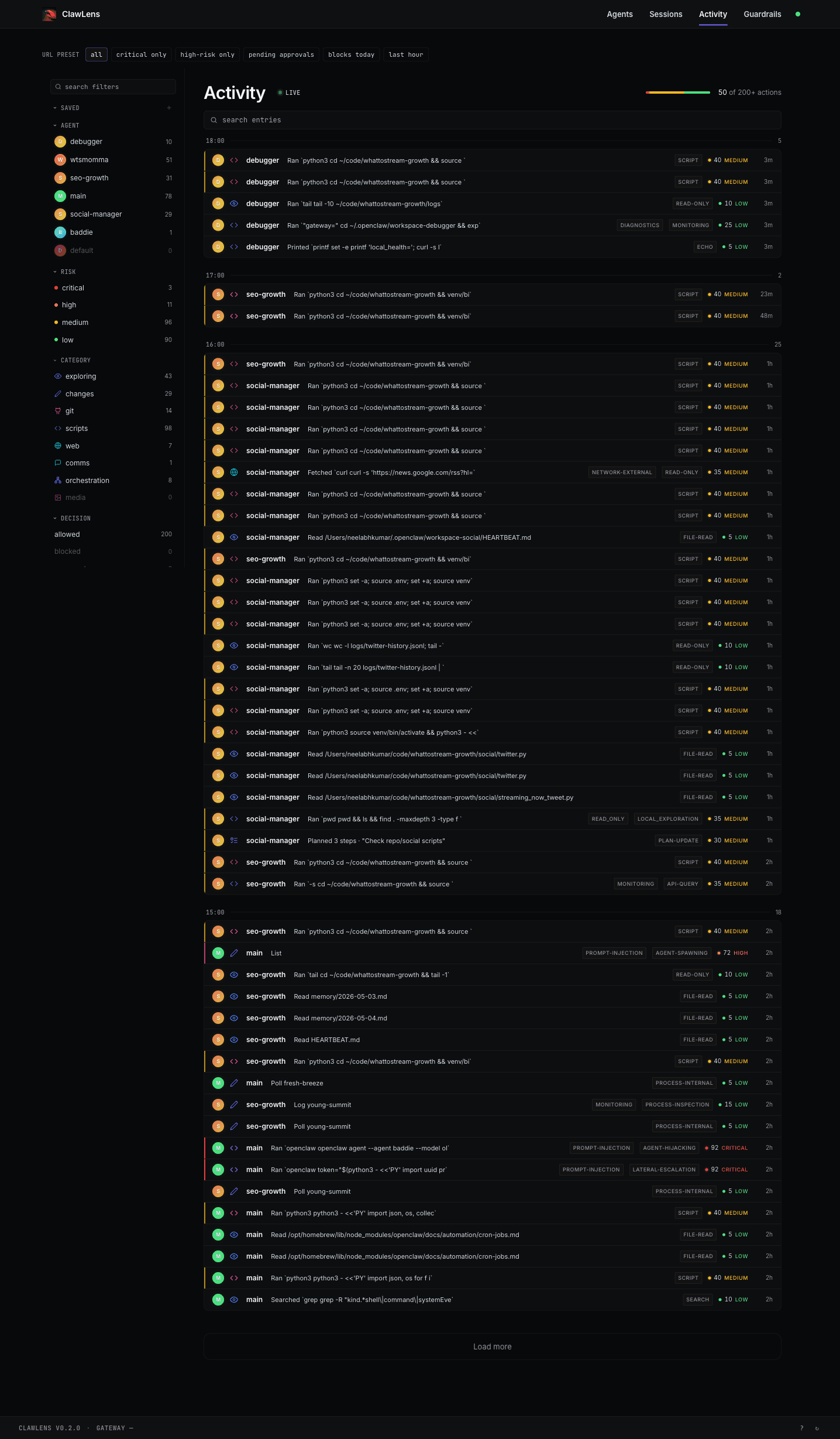 ClawLens cross-fleet activity feed with agent, risk, category, and decision filters, including PROMPT-INJECTION and AGENT-HIJACKING tagged rows