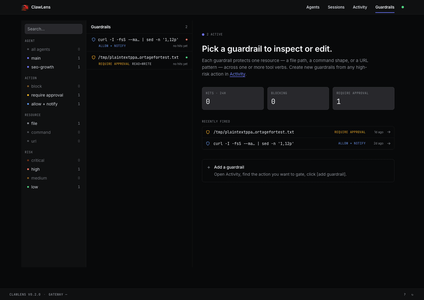 ClawLens guardrails configuration page listing two active rails with hit counts, decision modes, and sidebar of agent/action/resource/risk filters