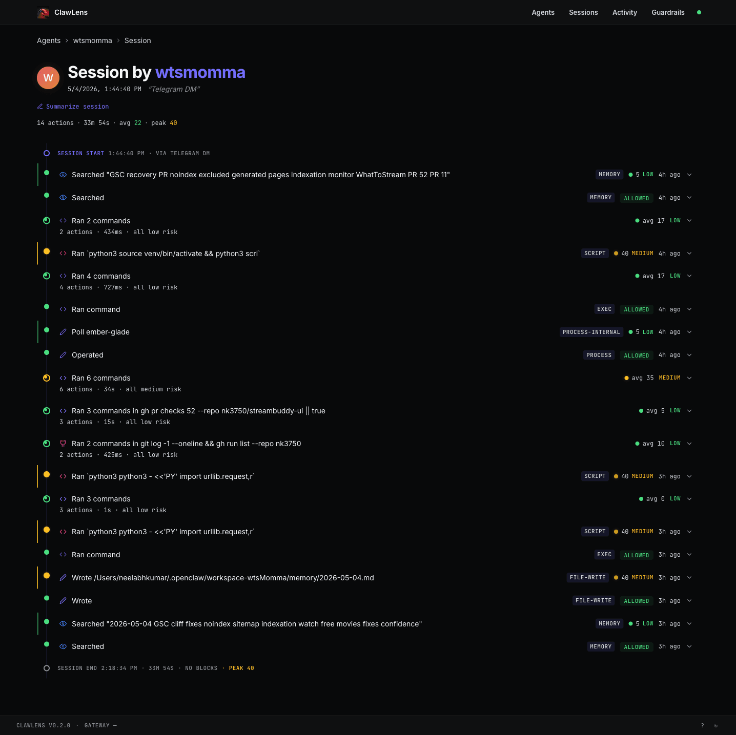 ClawLens session detail showing chronological tool calls with category badges, risk pills, ALLOWED markers, and timestamps, framed by session start/end